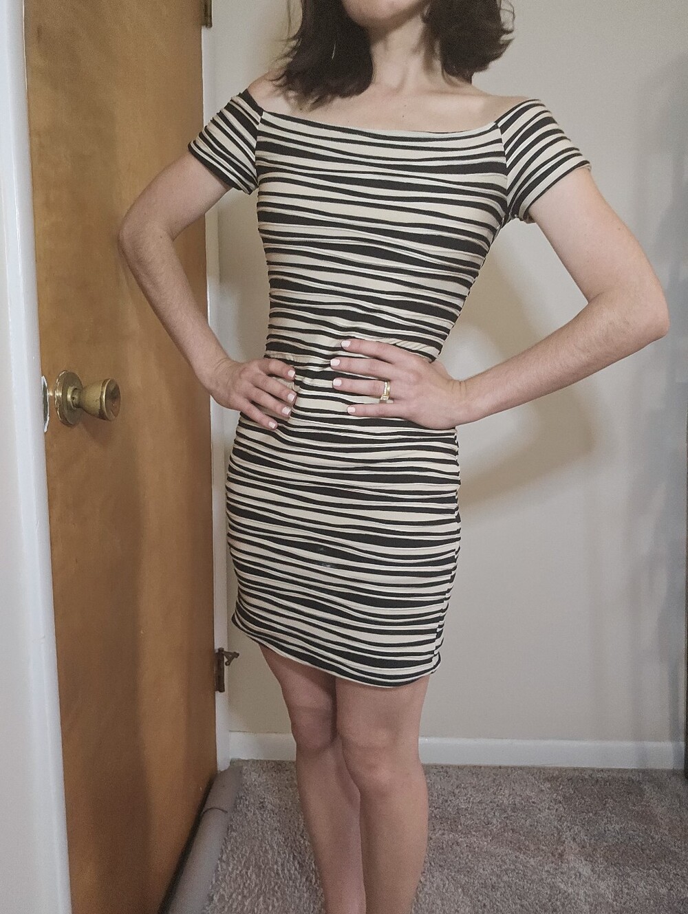Striped Off-Shoulder Bodycon Dress in Black and Cream
